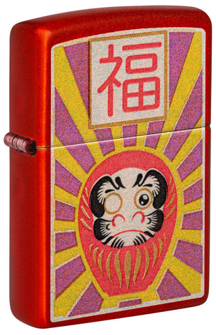 Front shot of ˫ Daruma Design Metallic Red Windproof Lighter standing at a 3/4 angle.